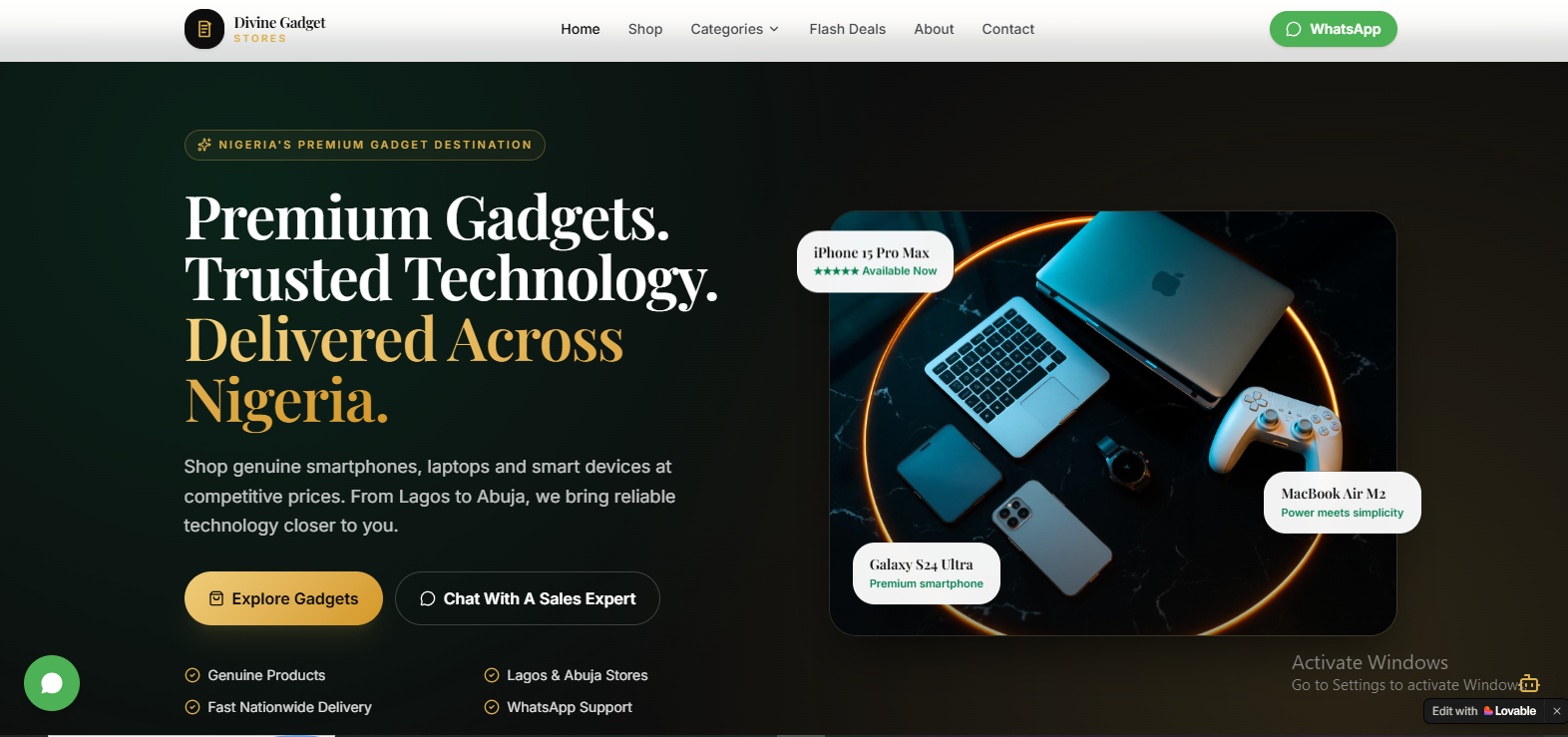Homepage created for Divine Gadget Stores