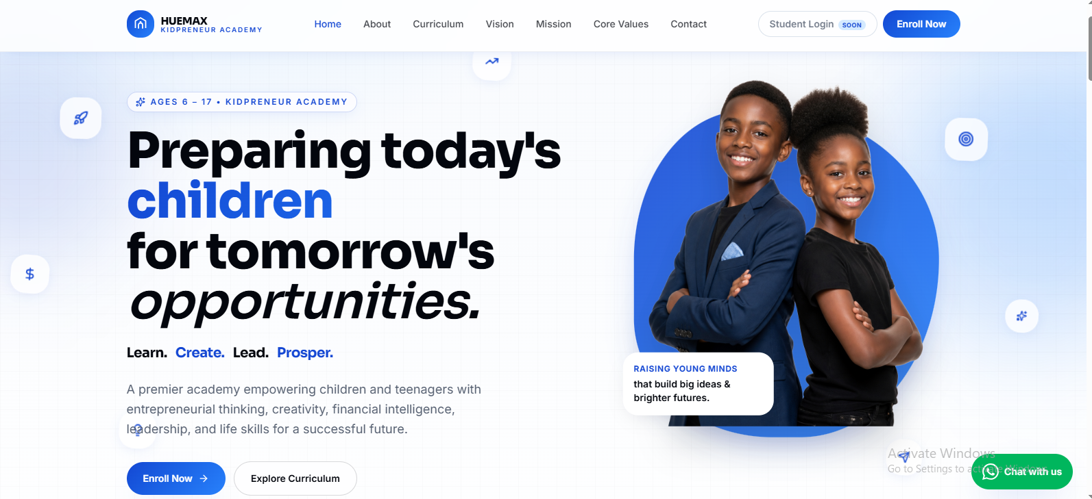 Homepage created for Hufmax Kidpreneur Academy