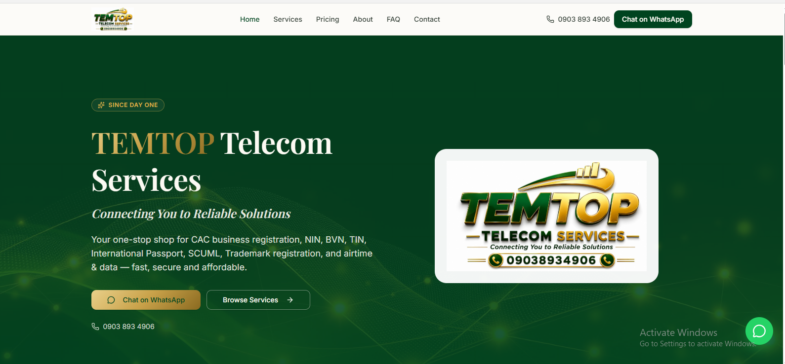Homepage created for Temtop Telecom Services