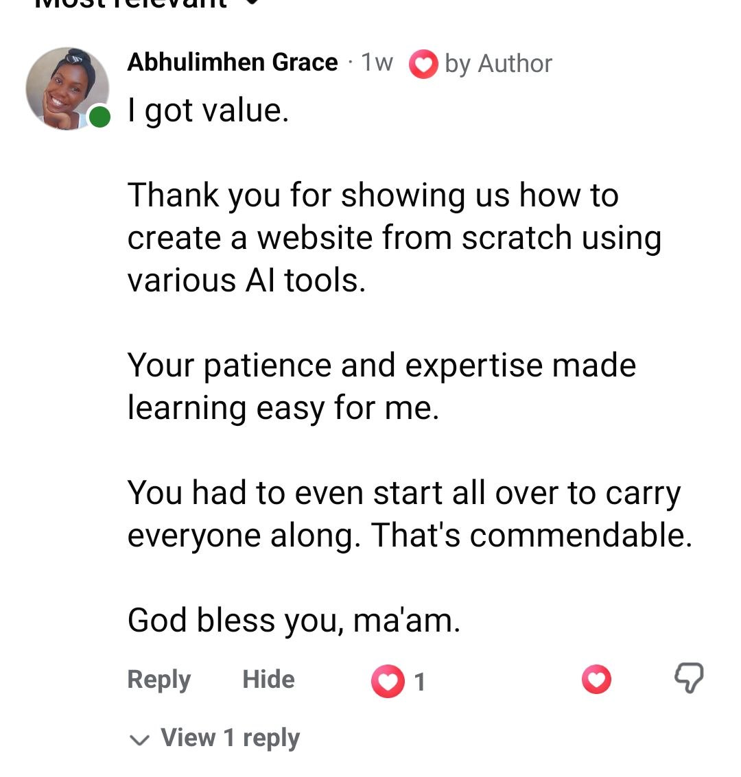 Abhulimhen Grace shares how the class made learning to build a website with AI easy