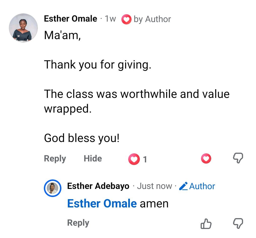 Esther Omale says the class was worthwhile and value packed