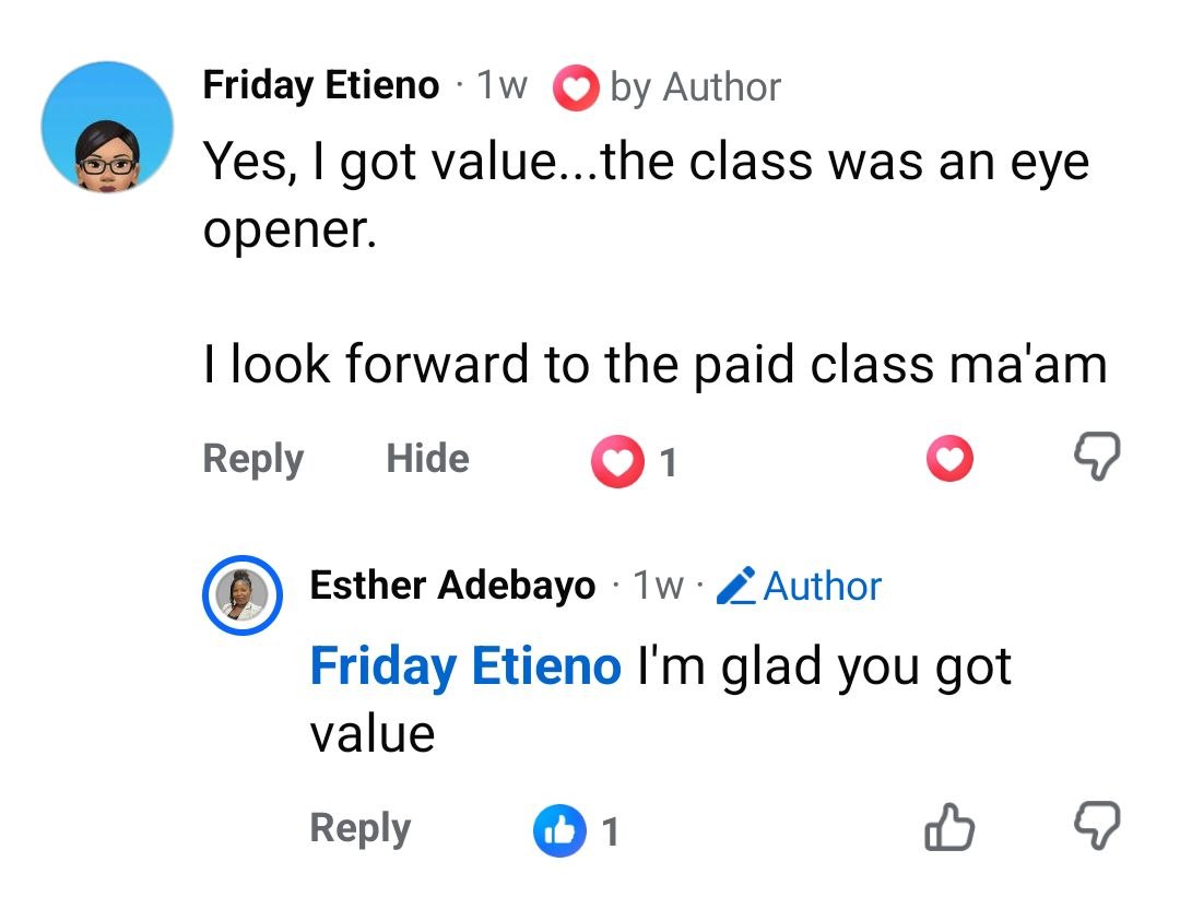 Friday Etieno says the class was an eye opener and that she received value